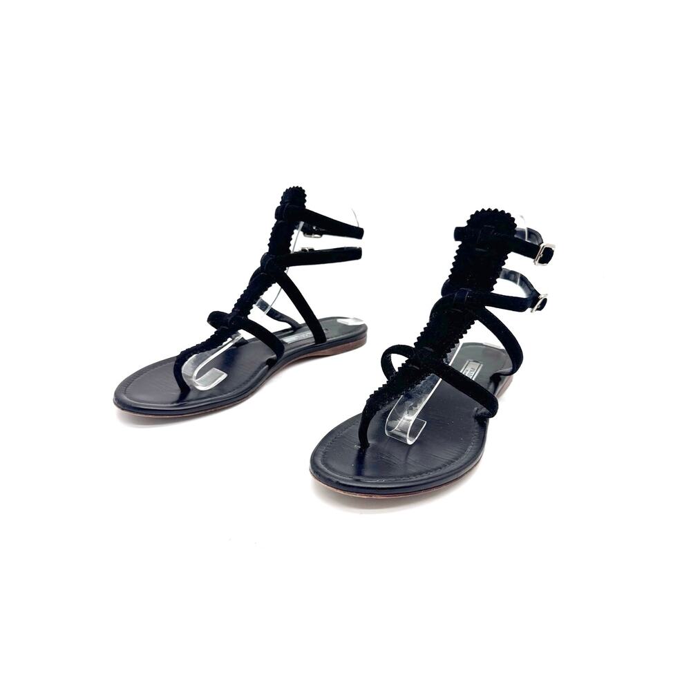 Prada Black Leather T Strap Flat Sandals Ruffled Trim Ankle Buckle EU 38 - Picture 2 of 12